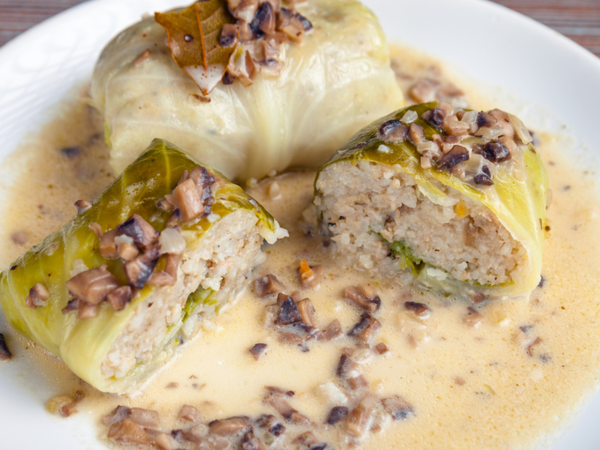 Gluten Free Rice & Mushroom Cabbage Rolls w/Mushroom Sauce - 3 Rolls (Gołąbki)