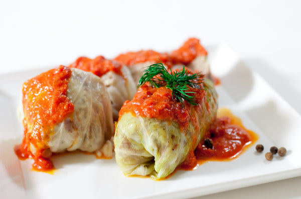 Rice and Mushroom Stuffed Cabbage w/Tomato Sauce - 3 Rolls (Gołąbki) - Polana