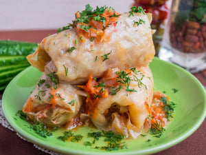 Rice and Mushroom Stuffed Cabbage w/Tomato Sauce - 3 Rolls (Gołąbki) - Polana